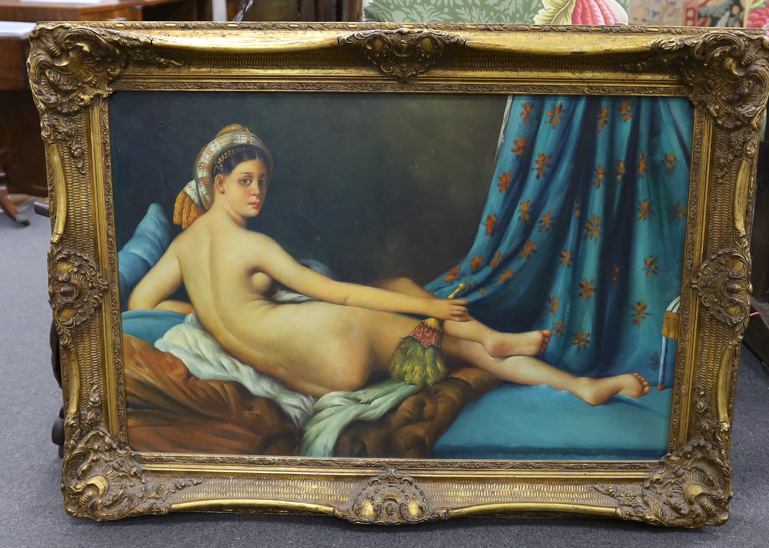 Contemporary, oil on canvas, 'The Grand Odalisque', 59 x 90cm, ornate gilt framed